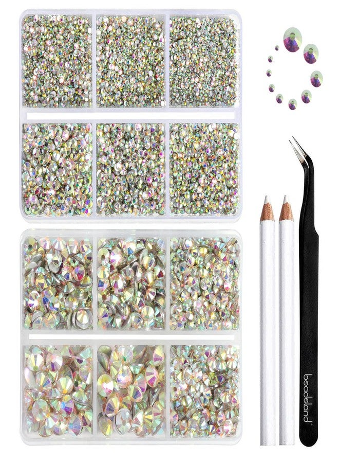 Beadsland 8300PCS Flatback Rhinestones, AB Crystal Rhinestone Round Crystal Rhinestones for Crafts, Mixed 10 Sizes with Wax Pencil and Tweezer Kit, SS3-SS30, Crystal AB - Image 1